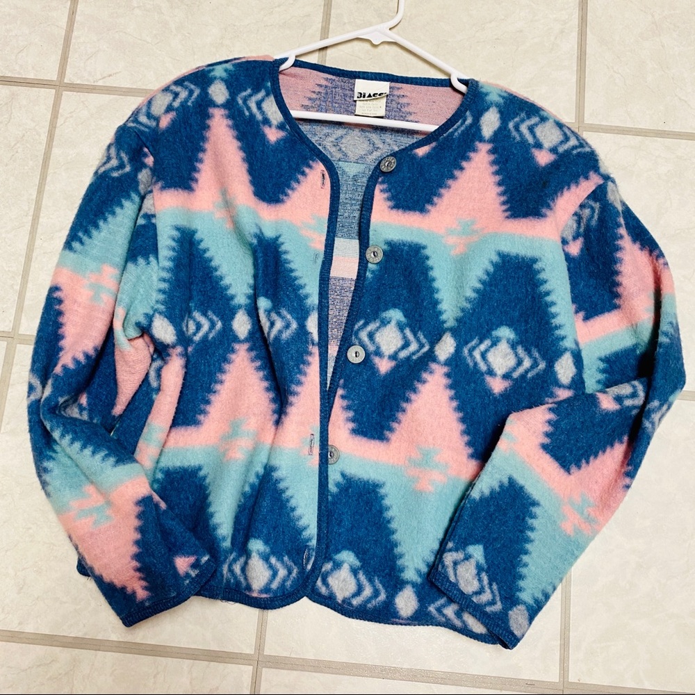 Women's Aztec print boho chic button down cardigan sweater jacket pastel colors